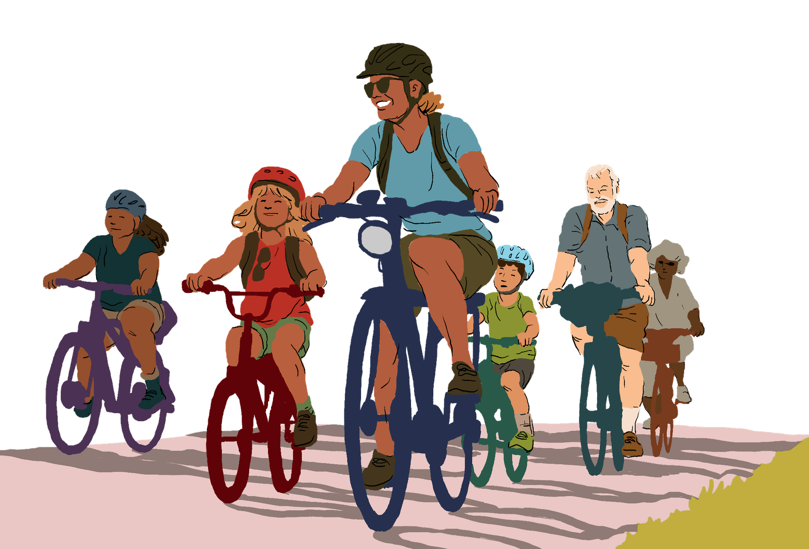 A multigenerational group of neighbors riding bikes